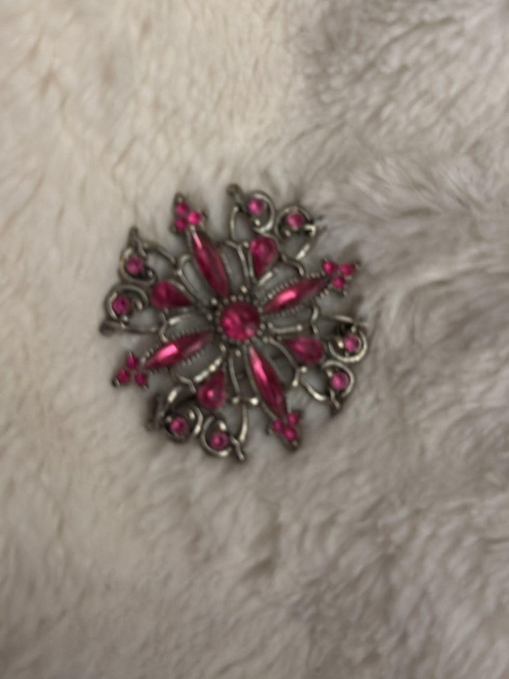 Vintage-Inspired Silver Brooch with Fuchsia Crystal Accents